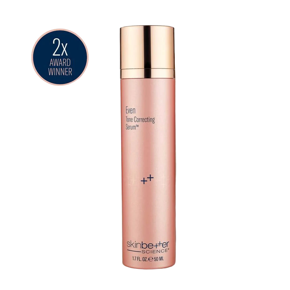 Skincare serum bottle with '2X Award Winner' badge on a white background