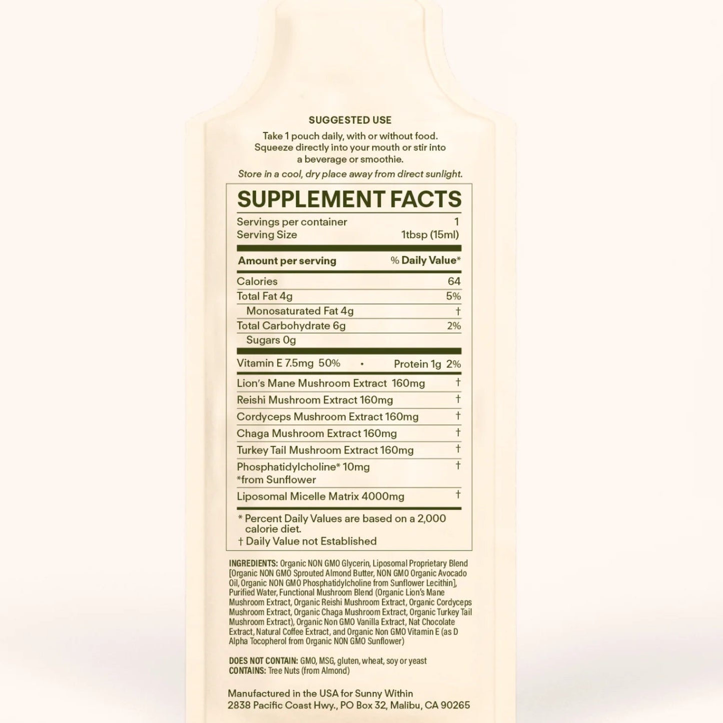 Supplement facts label for Sunny Within Mushrooms on a white background
