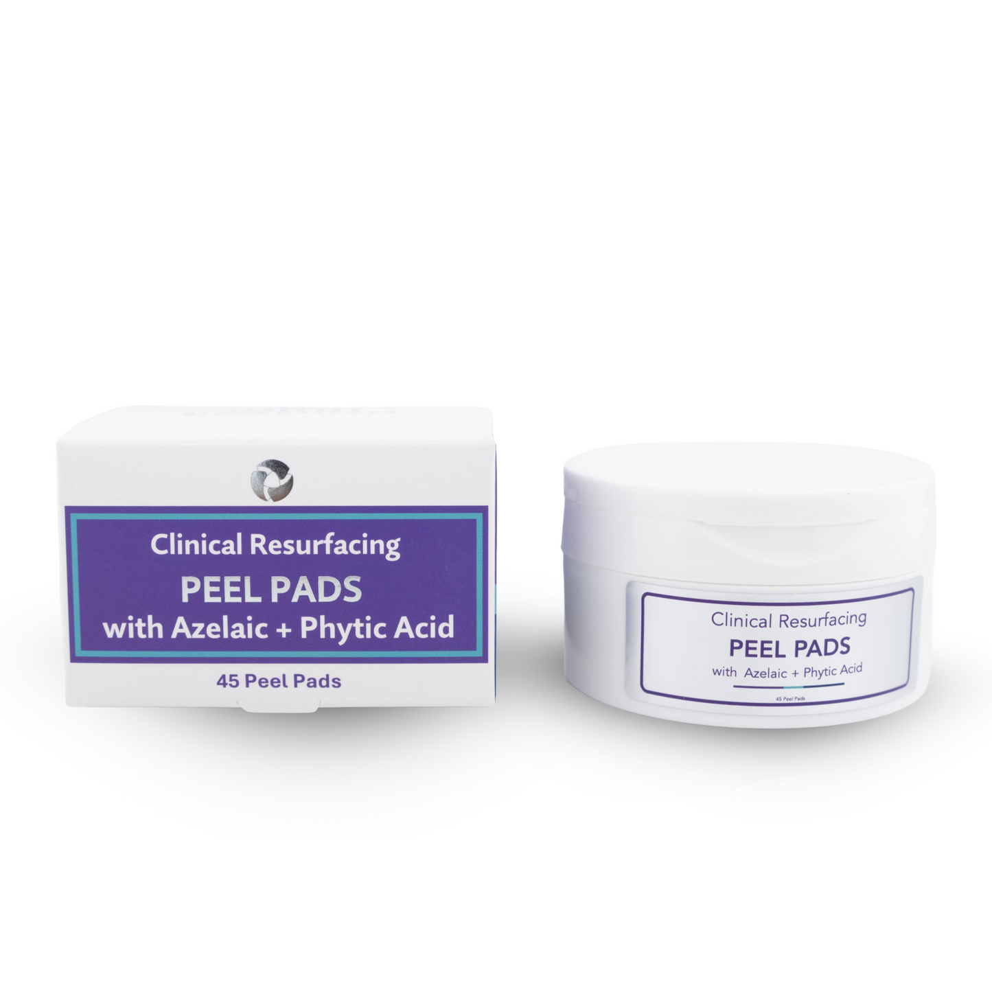 A white box and a white jar of peel pads with purple labels, shown on a clean white background. The labels read 'Clinical Resurfacing PEEL PADS with Azelaic + Phytic Acid' and '45 Peel Pads'.