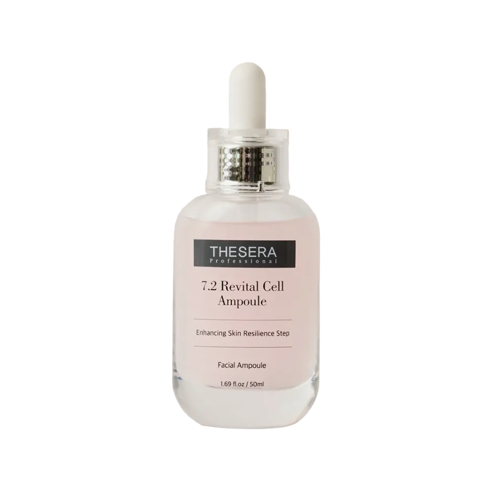 Skincare ampoule bottle with dropper labeled 'Thesera' on a white background