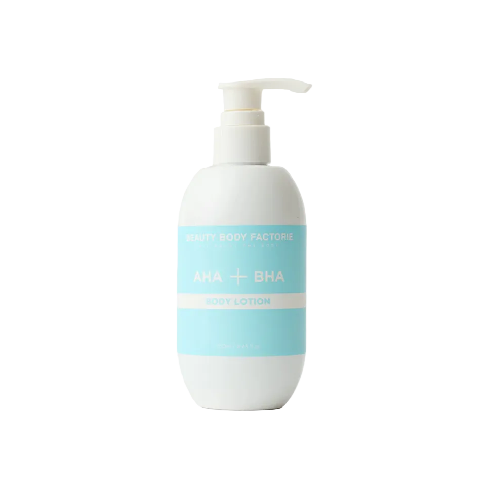 KrX Aesthetics Body Factorie AHA + BHA Body Lotion on white background