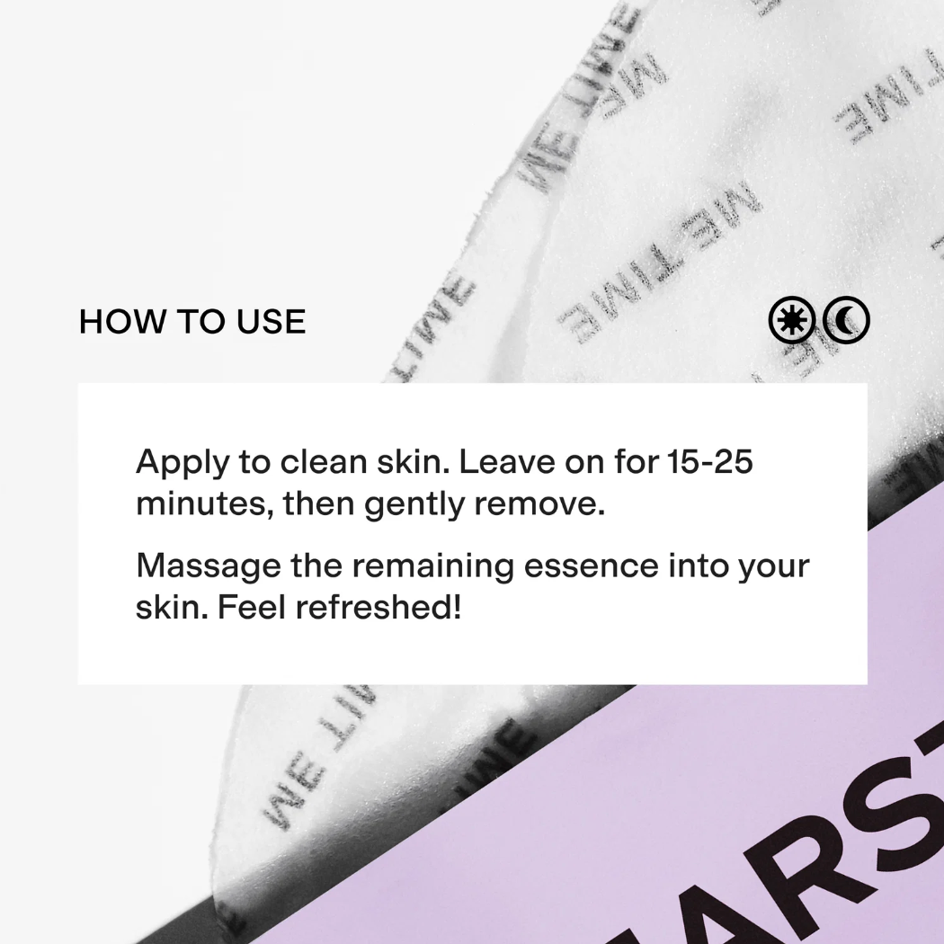 Instruction graphic showing how to use a skincare product, with text reading 'HOW TO USE' and instructions on applying and removing the essence. A close-up of the product packaging or applicator is visible at the top right, and a lavender branded card appears at the bottom right on a white background.