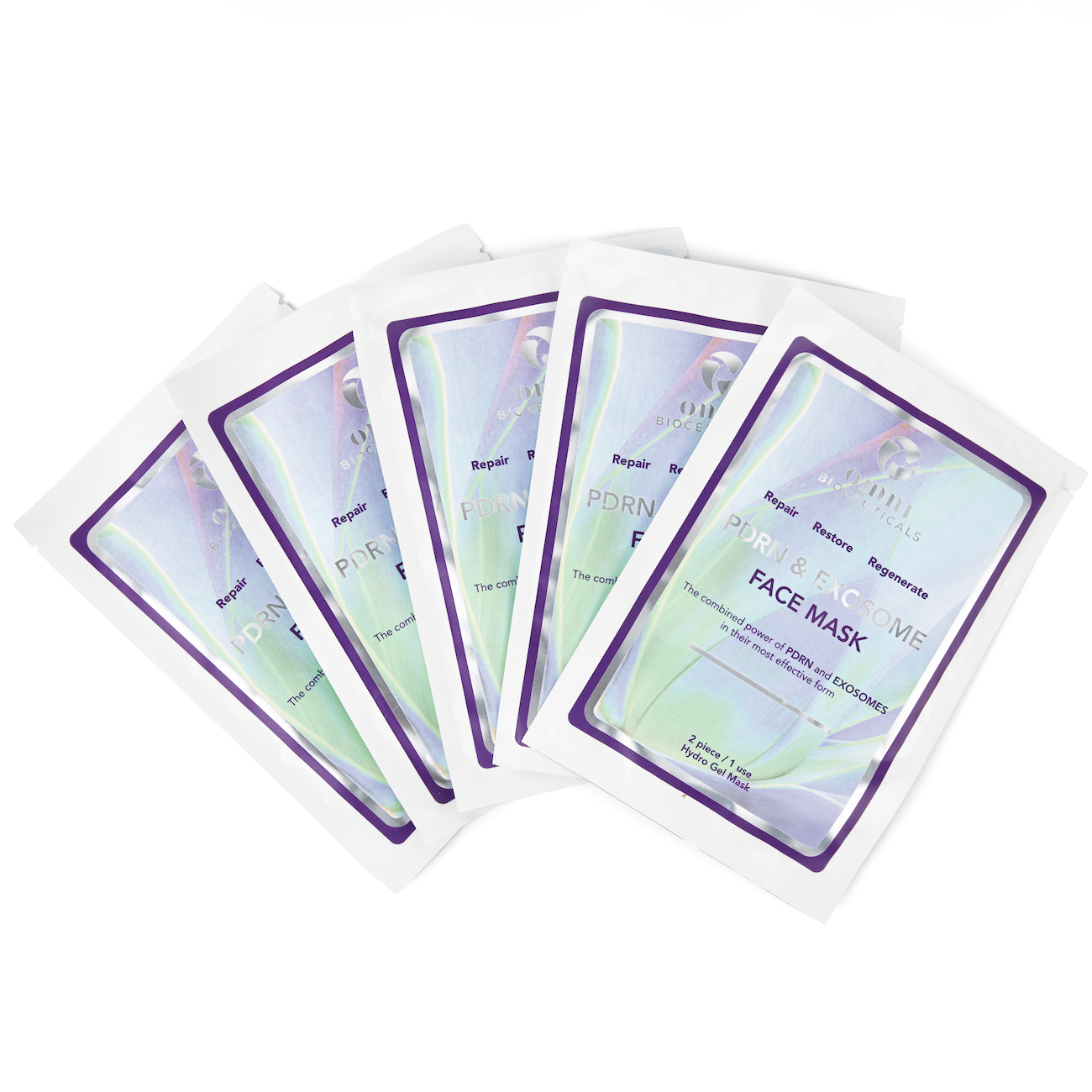 Five individual face mask packets fanned out on a plain white background. The packets are white with a holographic iridescent finish and a purple border, featuring the text 'FACE MASK'.