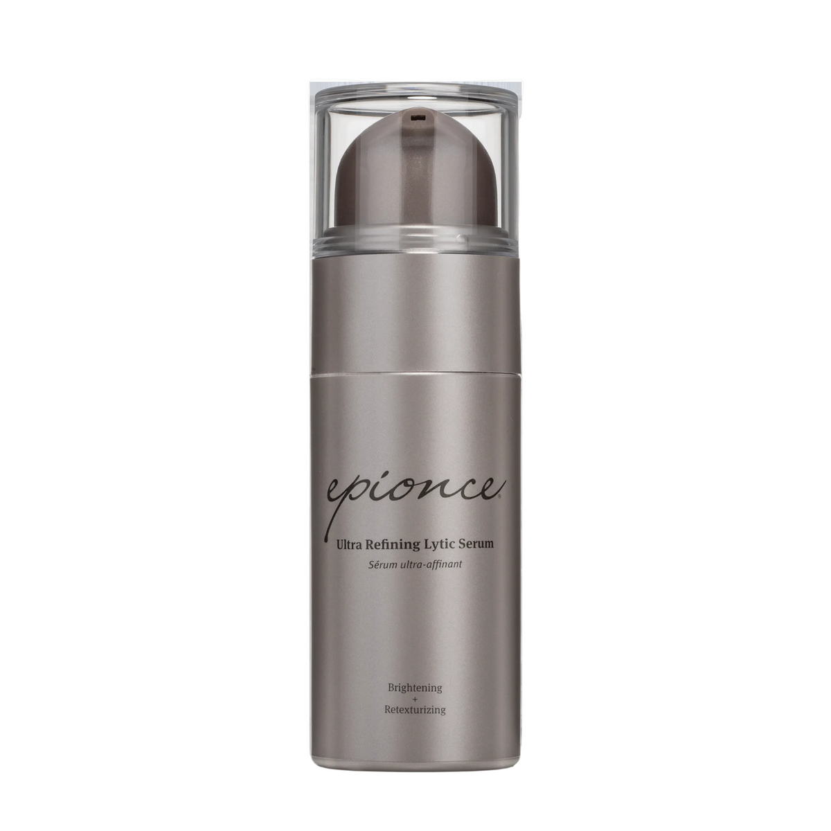 A silver cosmetic pump bottle of epionce Ultra Refining Lytic Serum, shown on a clean white background with a subtle reflection.
