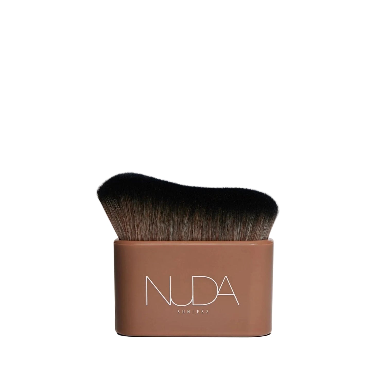Nude Blending brush with brown handle and black bristles on a beige background, featuring the brand 'NUDA'.