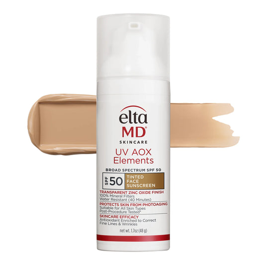 Elta MD Skincare UV AOX Elements Tinted Face Sunscreen SPF 50 in a white cylindrical bottle, shown with a beige makeup swatch on each side against a white background.