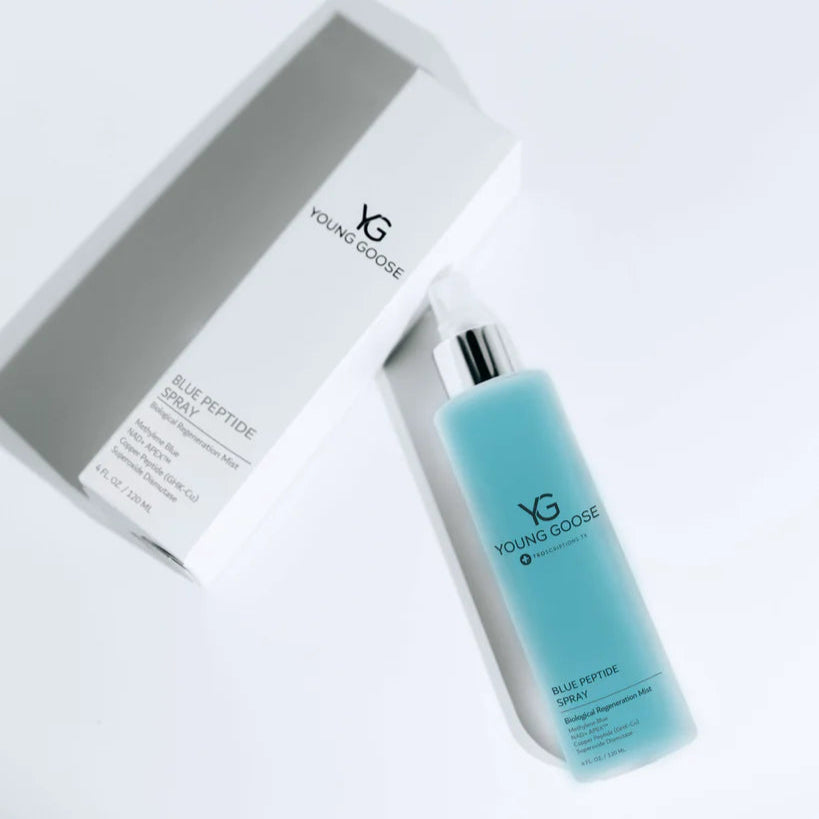 Blue bottle with 'YG' branding next to a white box on a light gray background