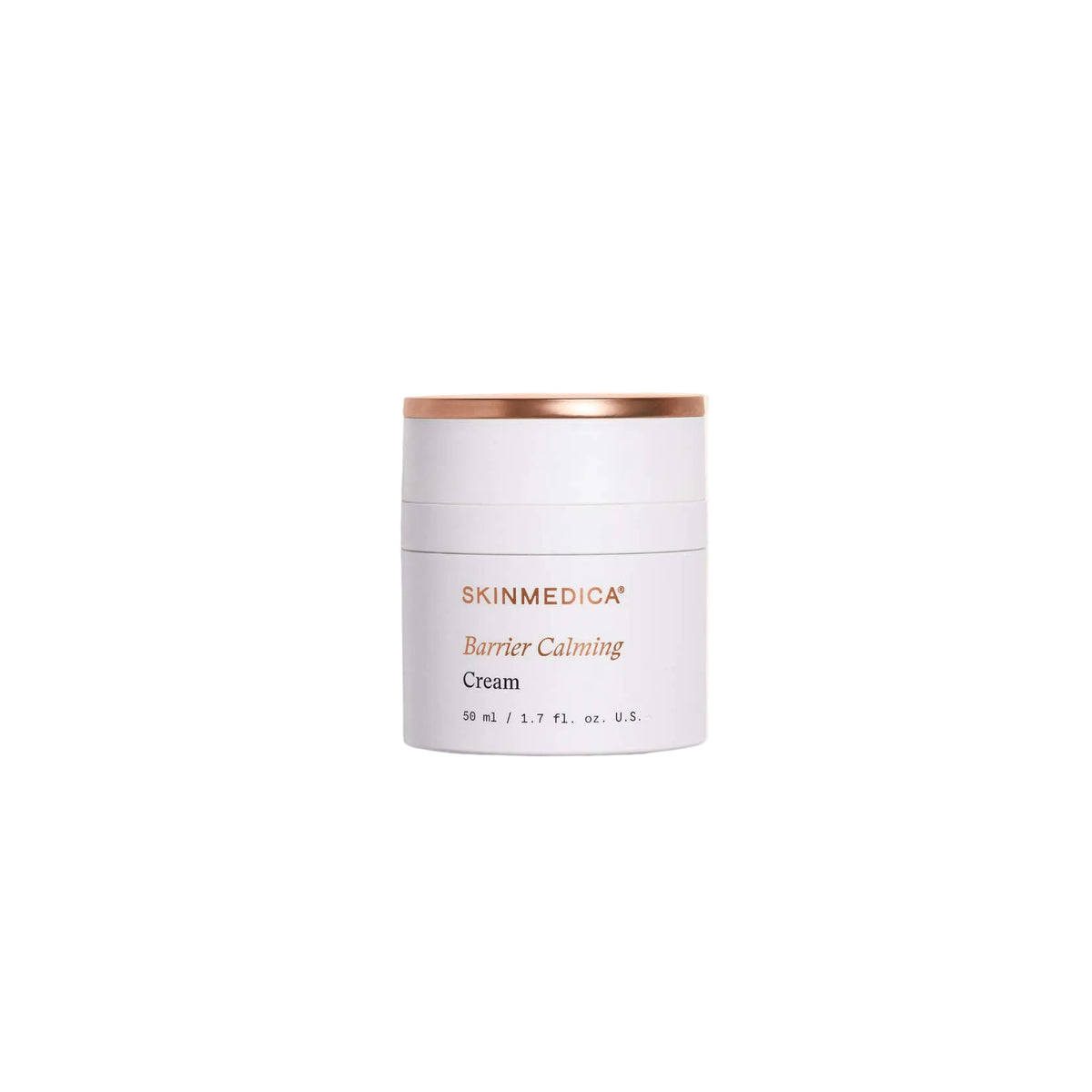 A white cosmetic cream jar with a metallic rose gold lid, labeled SKINMEDICA Barrier Calming Cream, centered against a solid cream background with a soft shadow.