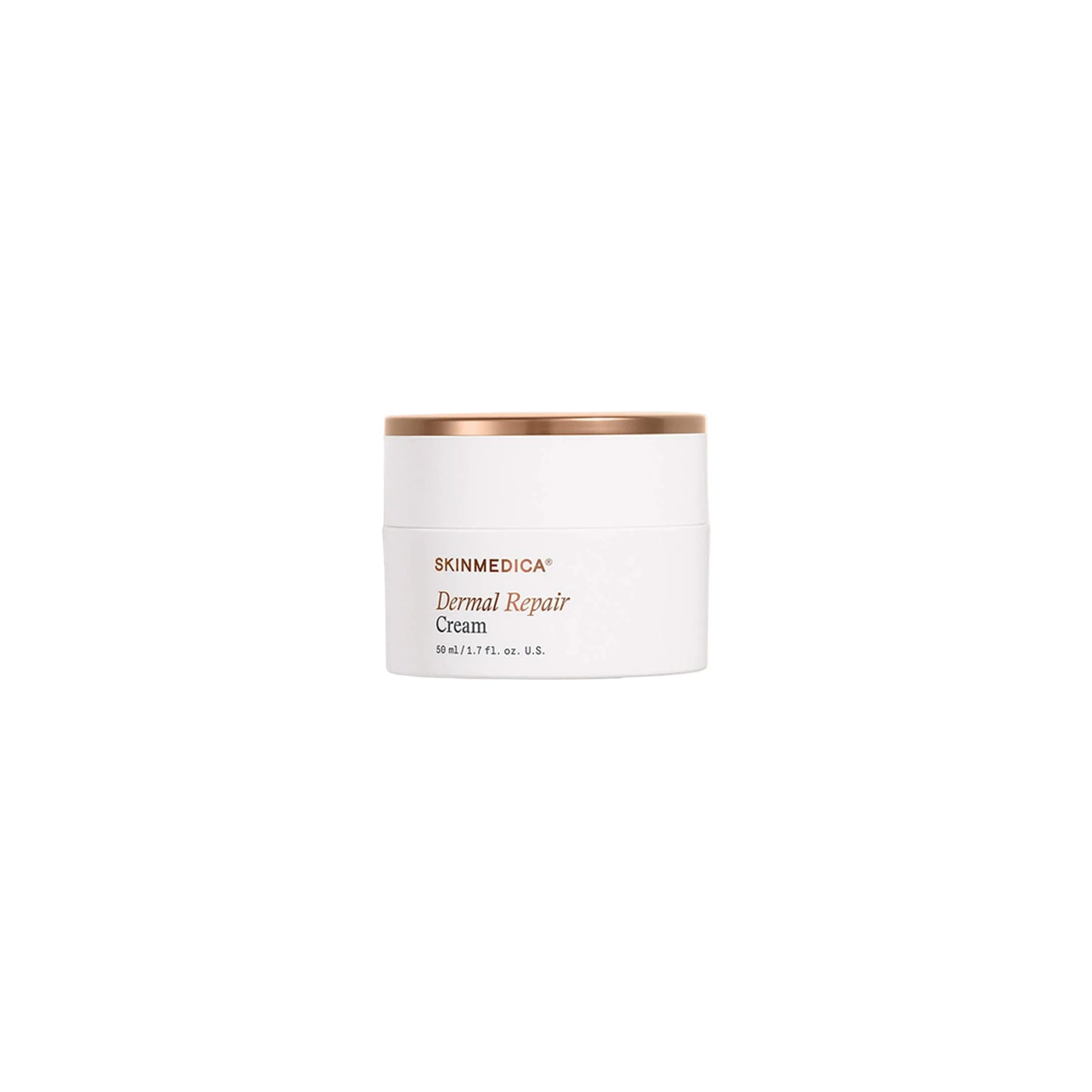 Skinmedica Dermal Repair Cream jar on a white background. Bottle is white with gold lid and features gold writing stating SkinMedica Dermal Repair Cream