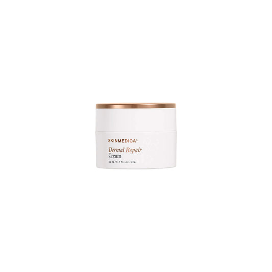 Skinmedica Dermal Repair Cream jar on a white background. Bottle is white with gold lid and features gold writing stating SkinMedica Dermal Repair Cream