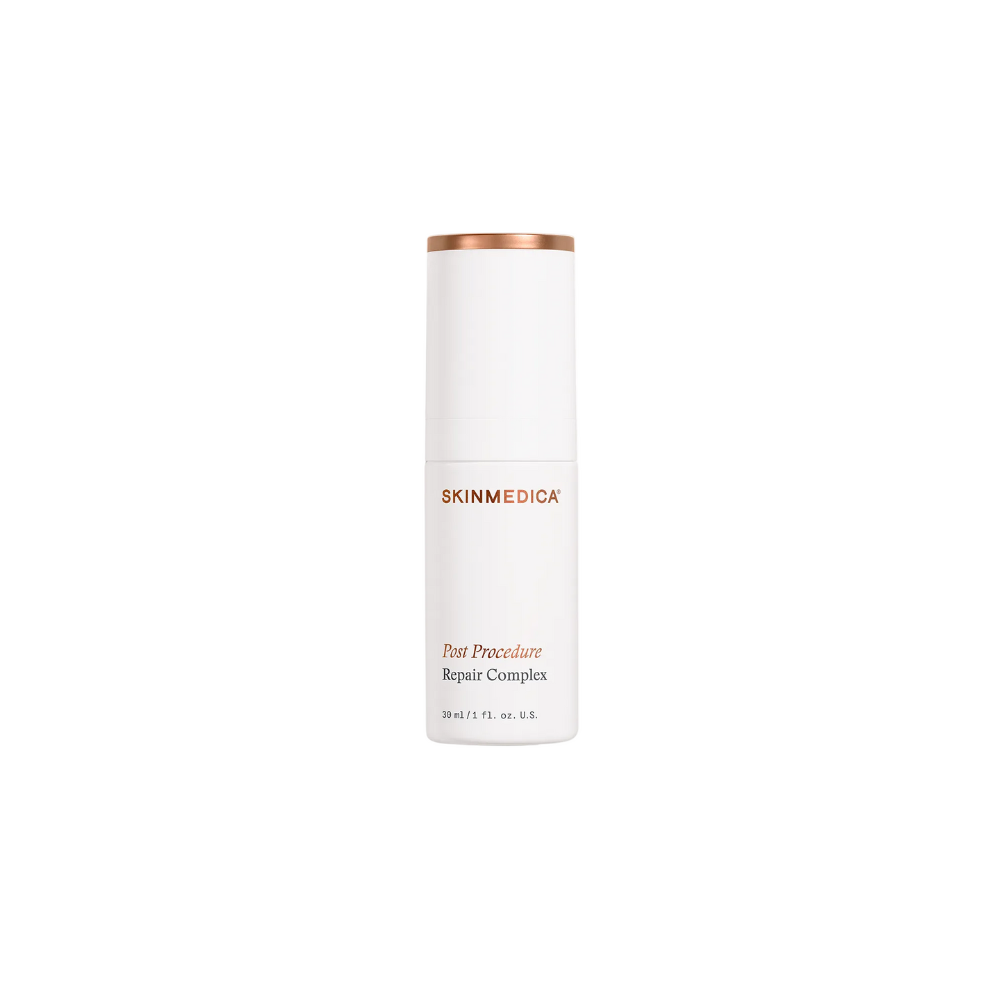 A white cylindrical skincare bottle with a metallic rose gold cap, labeled 'SKINMEDICA Post Procedure Repair Complex', on a clean white background.