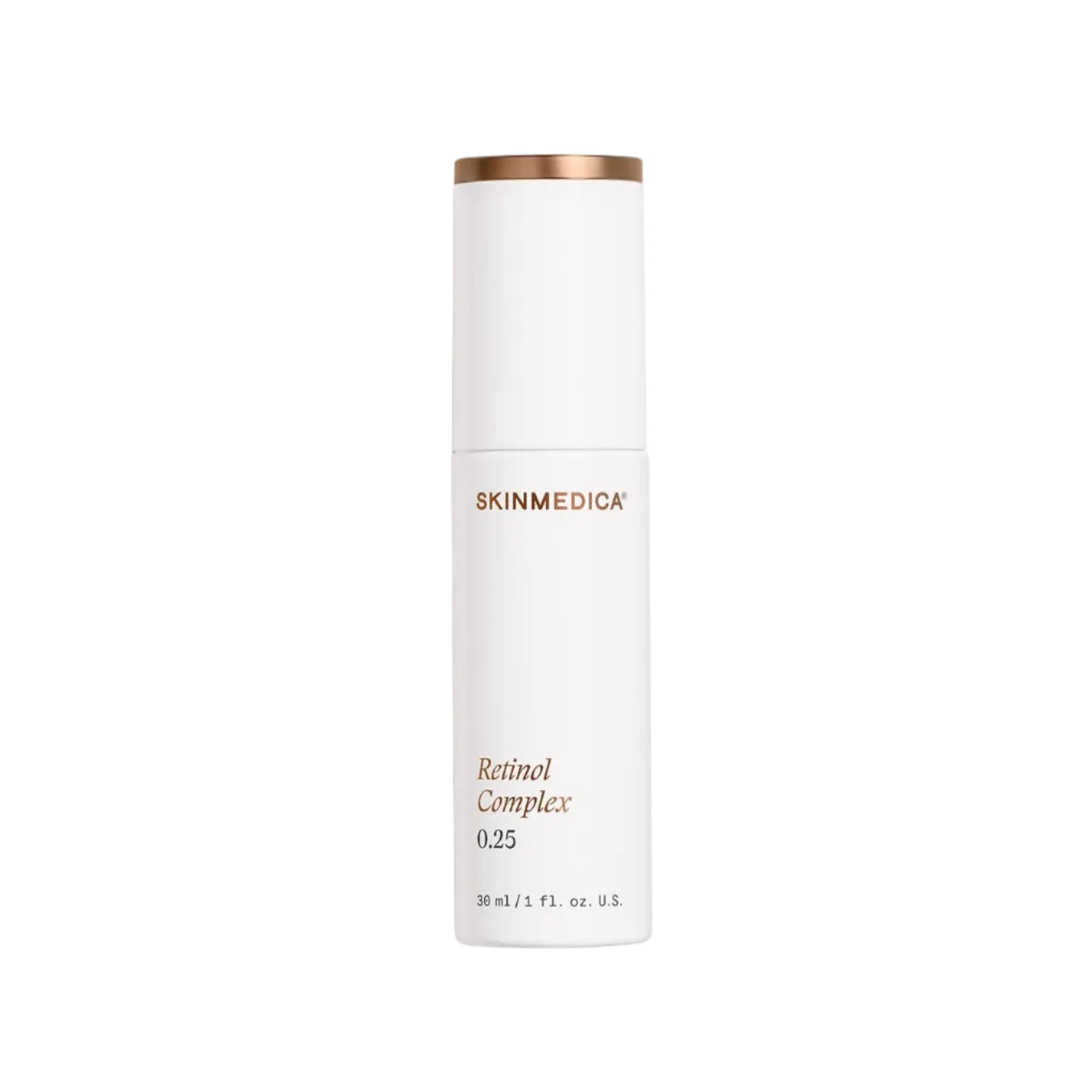 A white cylindrical skincare bottle with a metallic rose gold cap and gold lettering, reading 'SKINMEDICA Retinol Complex 0.25' on a clean white background.