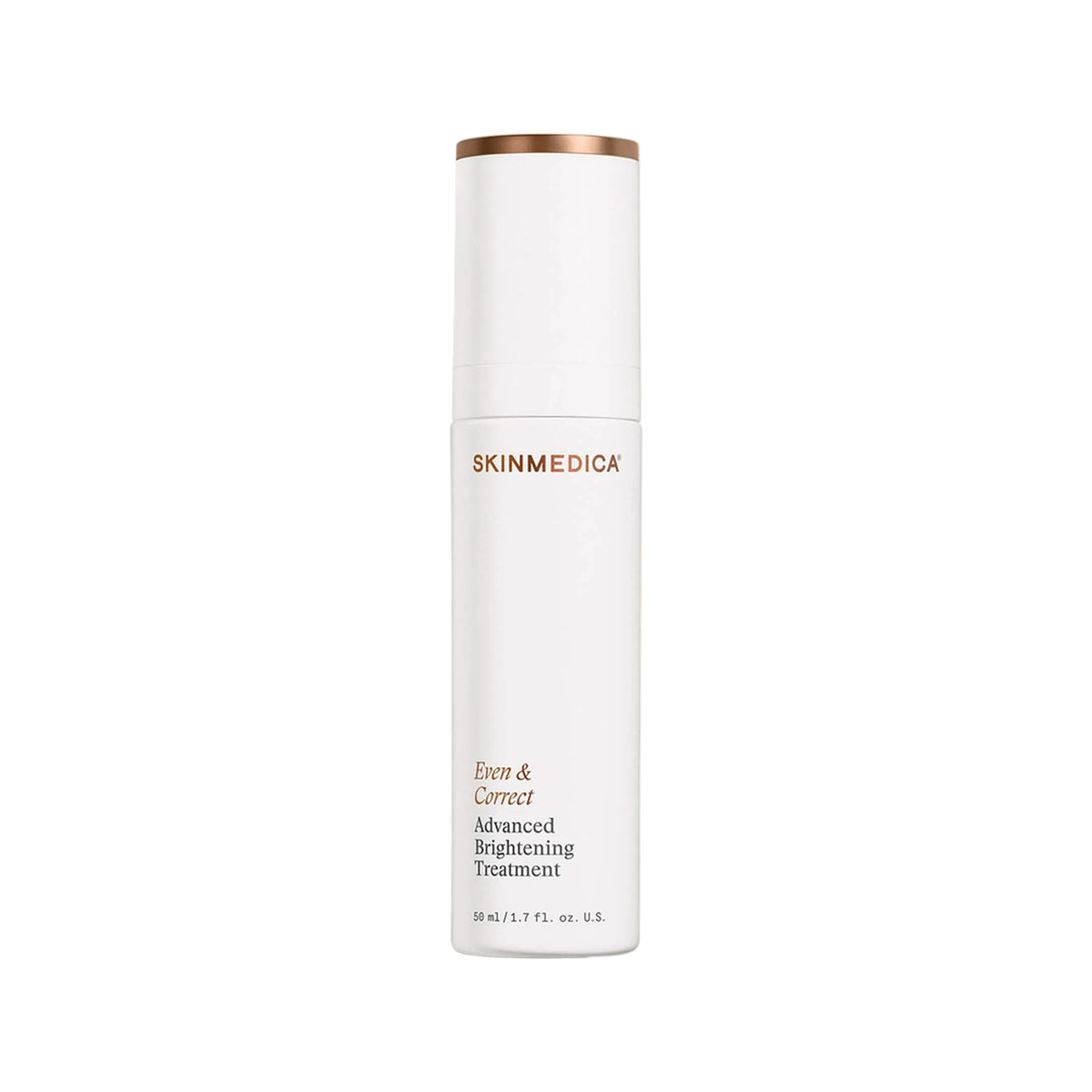 A white cylindrical skincare bottle with a metallic rose gold cap band, featuring the brand name 'SKINMEDICA' and product text 'Even & Clear Advanced Brightening Treatment' on a white background.