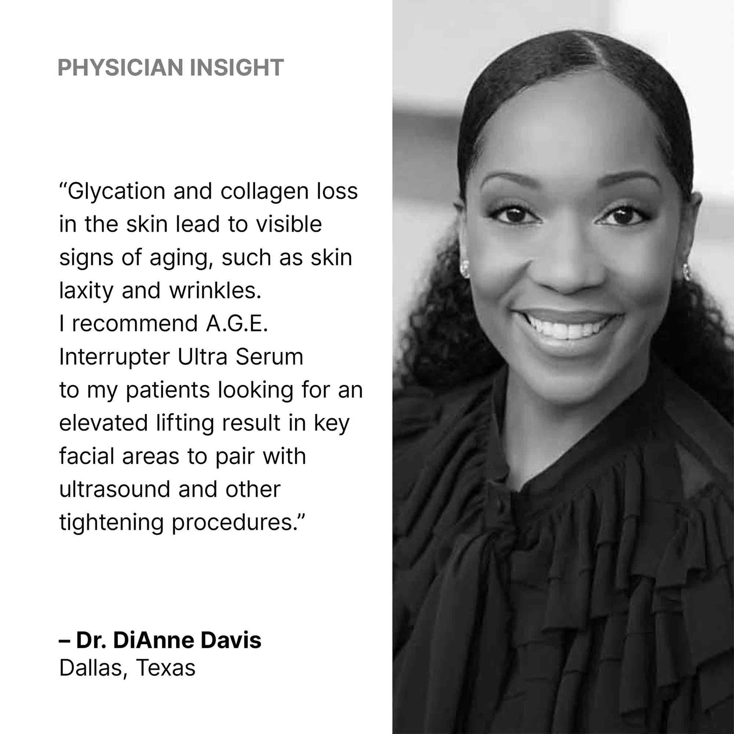 Black and white portrait of a woman with text about skincare and a quote from Dr. DiAnne Davis.