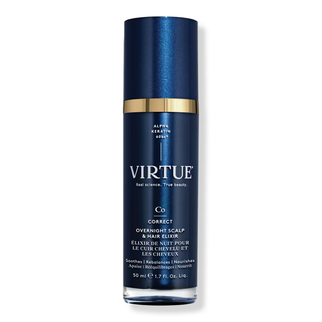 Virtue hair care product bottle on a white background