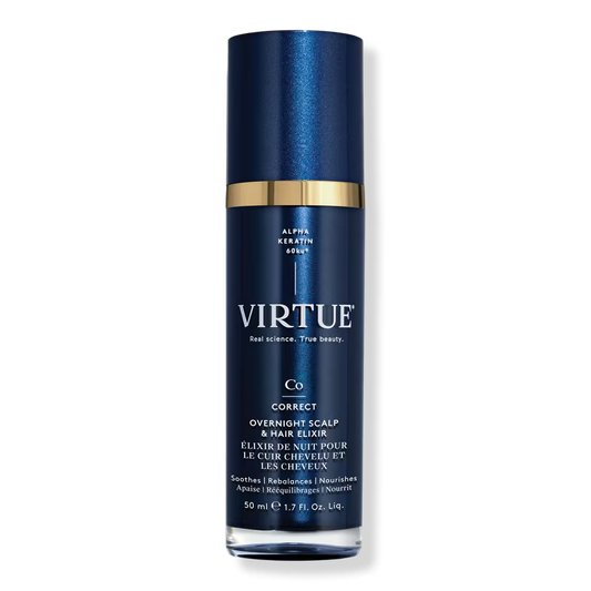 Virtue hair care product bottle on a white background