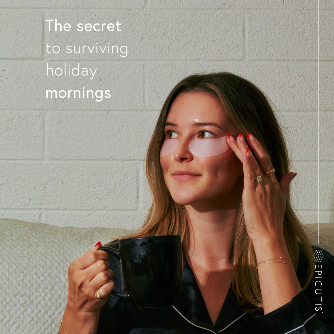 Woman holding a mug with text 'The secret to surviving holiday mornings' and 'Epicutis' branding.