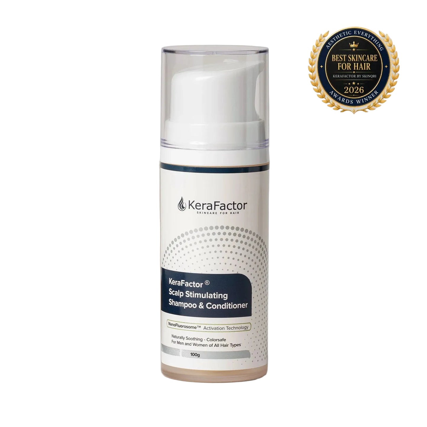 KeraFactor Solo Stimulating Shampoo & Conditioner in a 100g pump bottle with a clear cap, shown on a white background with a gold Best Skincare for Hair award badge in the top right corner.