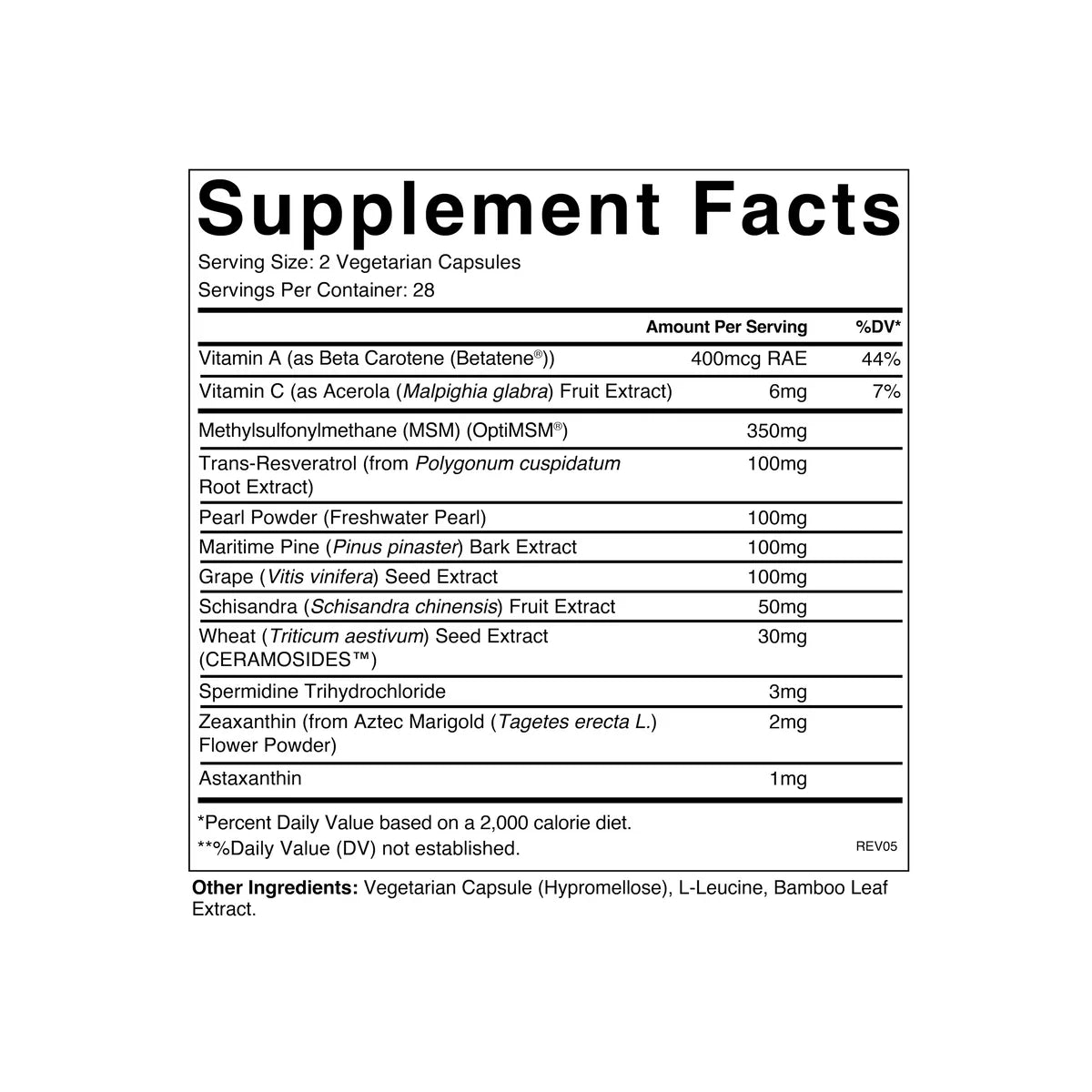 Supplement facts label with various vitamins and minerals listed on a white background