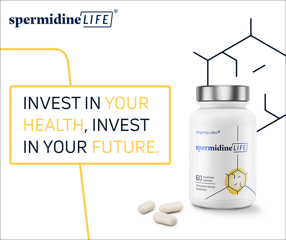 SpermidineLife supplement bottle with text 'Invest in your health, invest in your future' on a white background