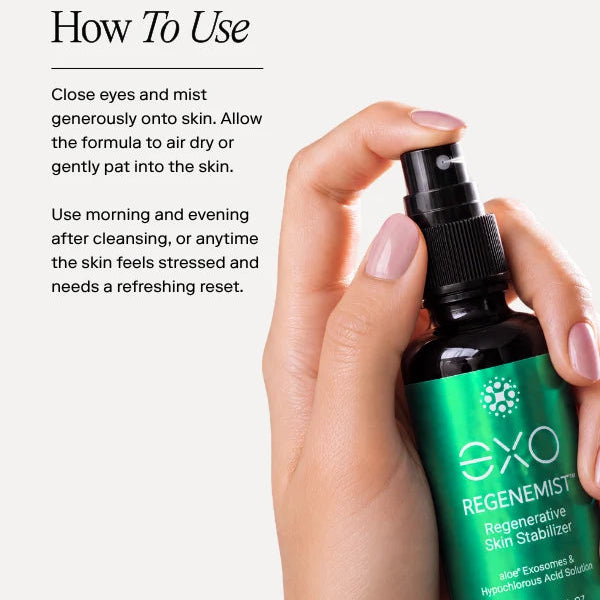 A hand holding a black spray bottle labeled EXO Regenemist Regenerative Skin Stabilizer, shown with 'How To Use' text on a light gray background.
