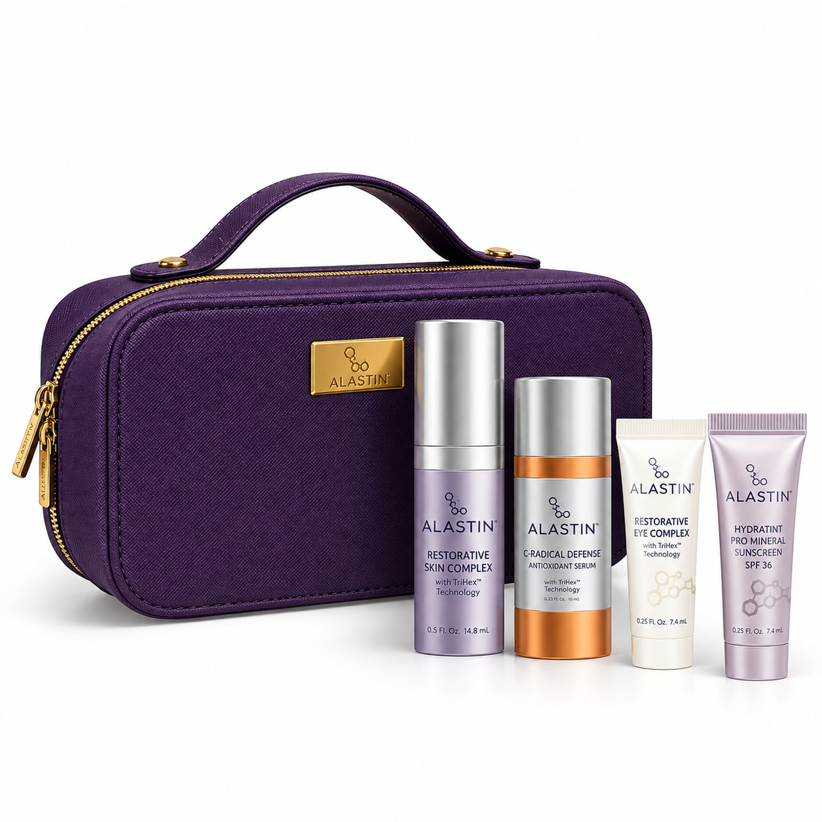 A purple ALASTIN travel case with gold zipper and handle, displayed with five skincare products in front on a clean white background.