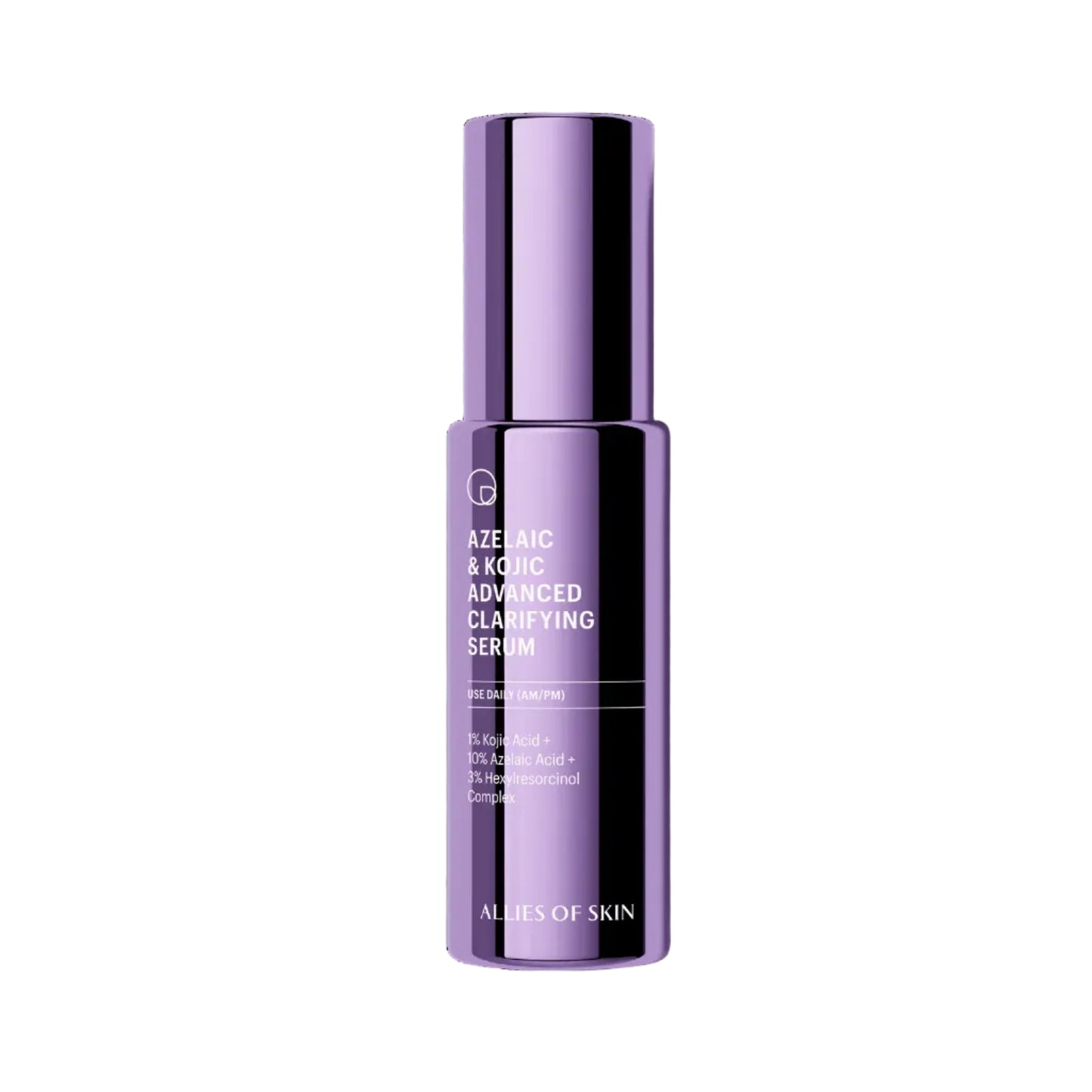 Allies of Skin Azelaic & Kojic Advanced Clarifying Serum purple bottle on white background