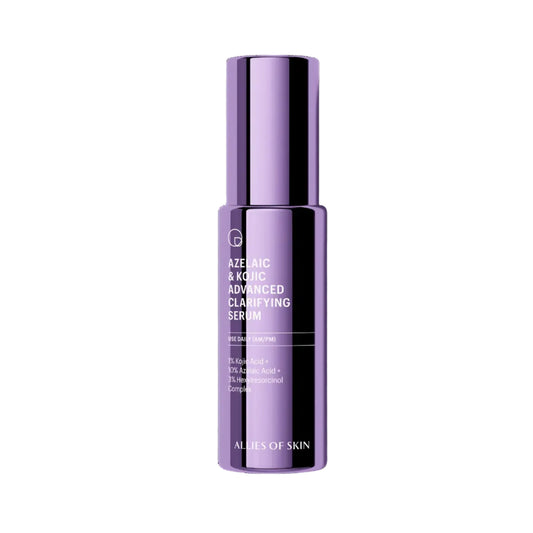 Allies of Skin Azelaic & Kojic Advanced Clarifying Serum purple bottle on white background
