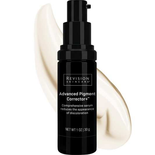 Revision Skincare Advanced Pigment Corrector+ serum in a black pump bottle, shown with a cream-colored product smear behind it on a white background.