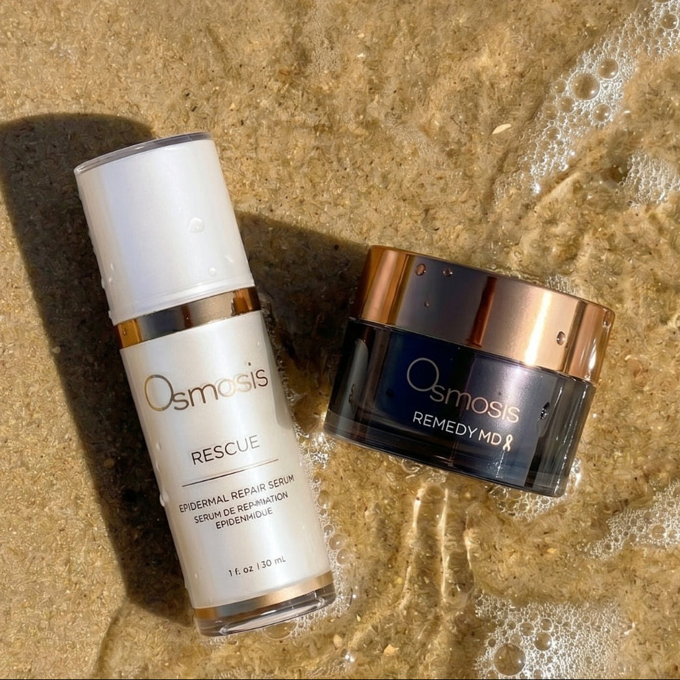 Picture of Osmosis Rescue and Osmosis Remedy MD on sand with water and bubbles