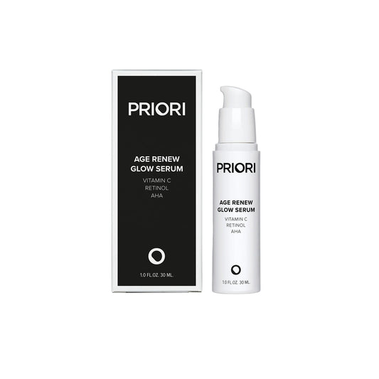 Priori Age Renew Glow Serum with packaging on a white background