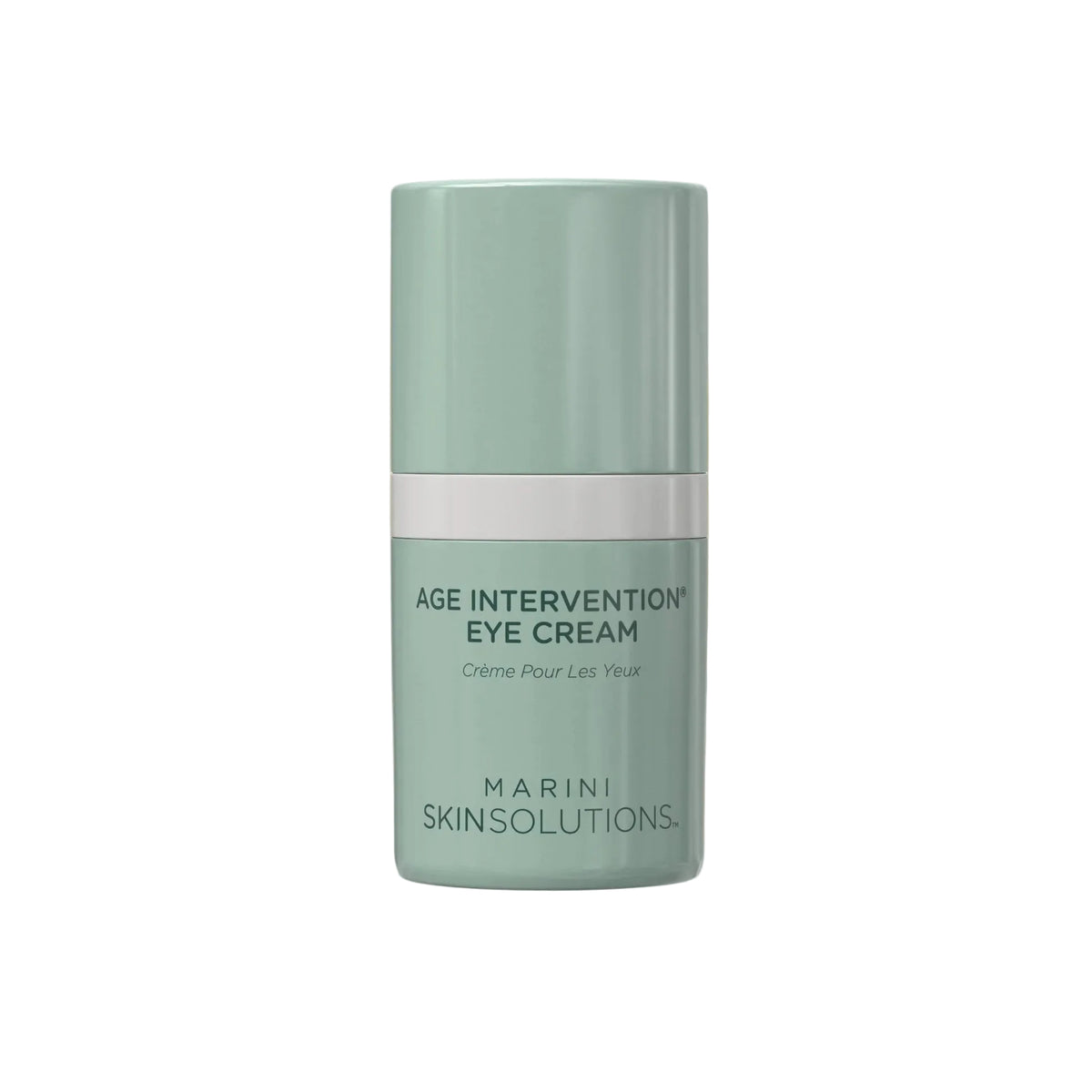 Green eye cream bottle of Marini SkinSolutions Age Intervention Eye Cream on white background
