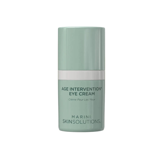 Green eye cream bottle of Marini SkinSolutions Age Intervention Eye Cream on white background