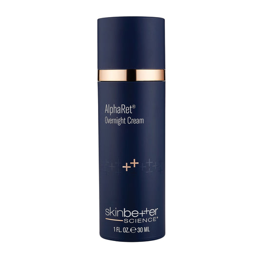 Blue skincare bottle labeled 'AlphaRet Overnight Cream' on a beige background