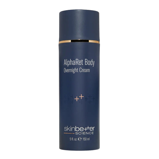 Blue skincare bottle labeled 'AlphaRet Body Overnight Cream' by skinbetter science on a white background