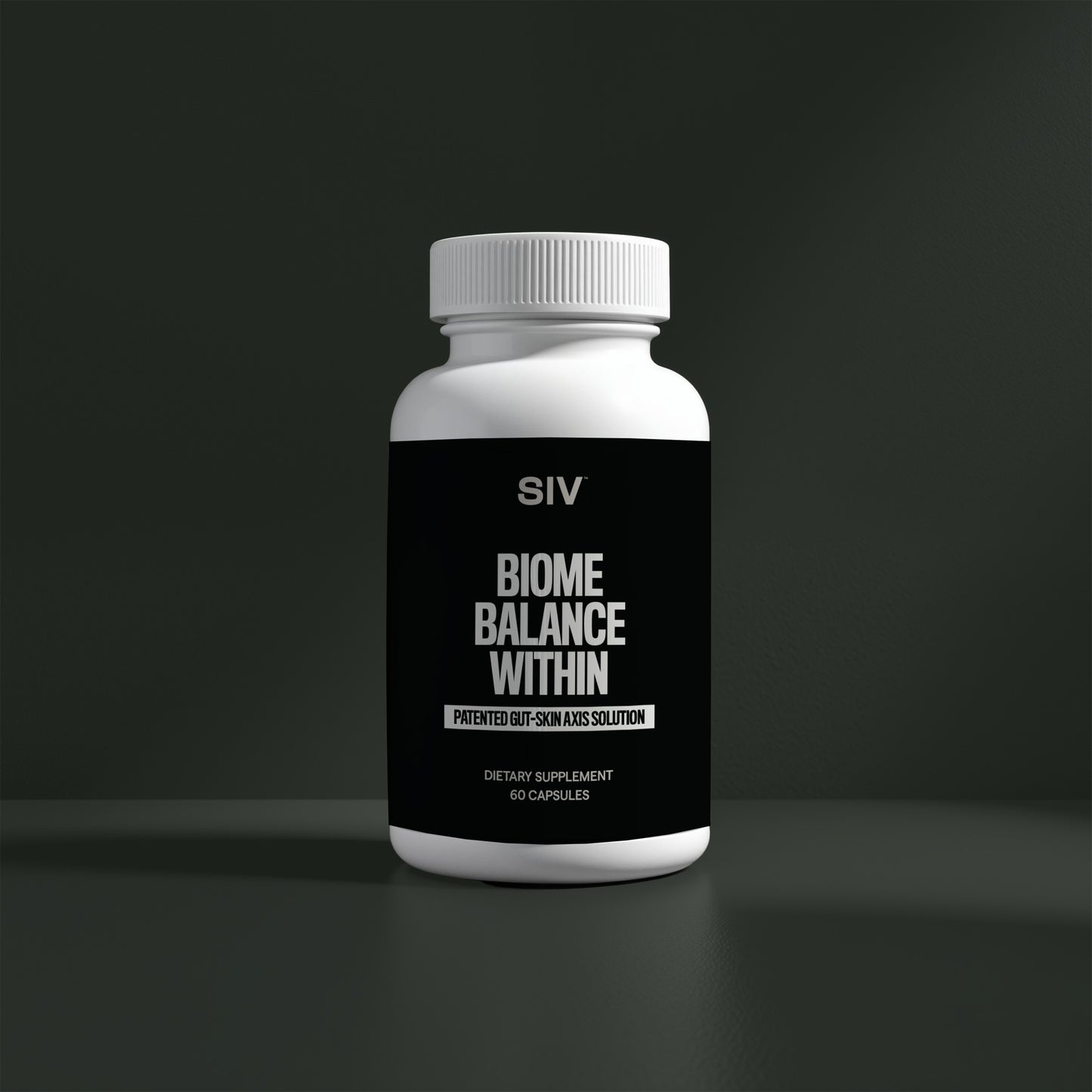 Supplement bottle labeled 'SIV Biome Balance Within' on a dark background