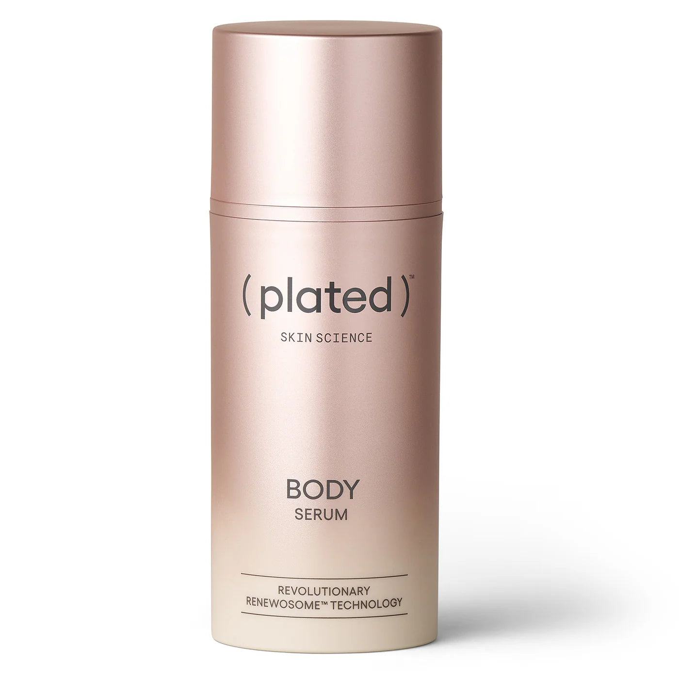 Plated Skin Science BODY Serum on white background. Bottle is light pink.