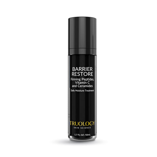 Black skincare bottle labeled 'Barrier Restore' by Truology on a white background