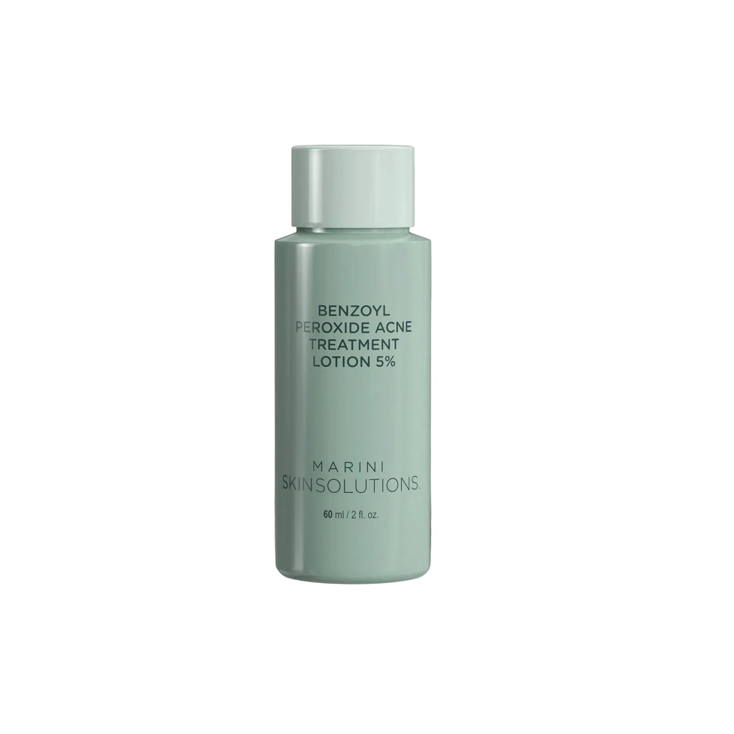 Green bottle of benzoyl peroxide 5% acne treatment lotion on a white background