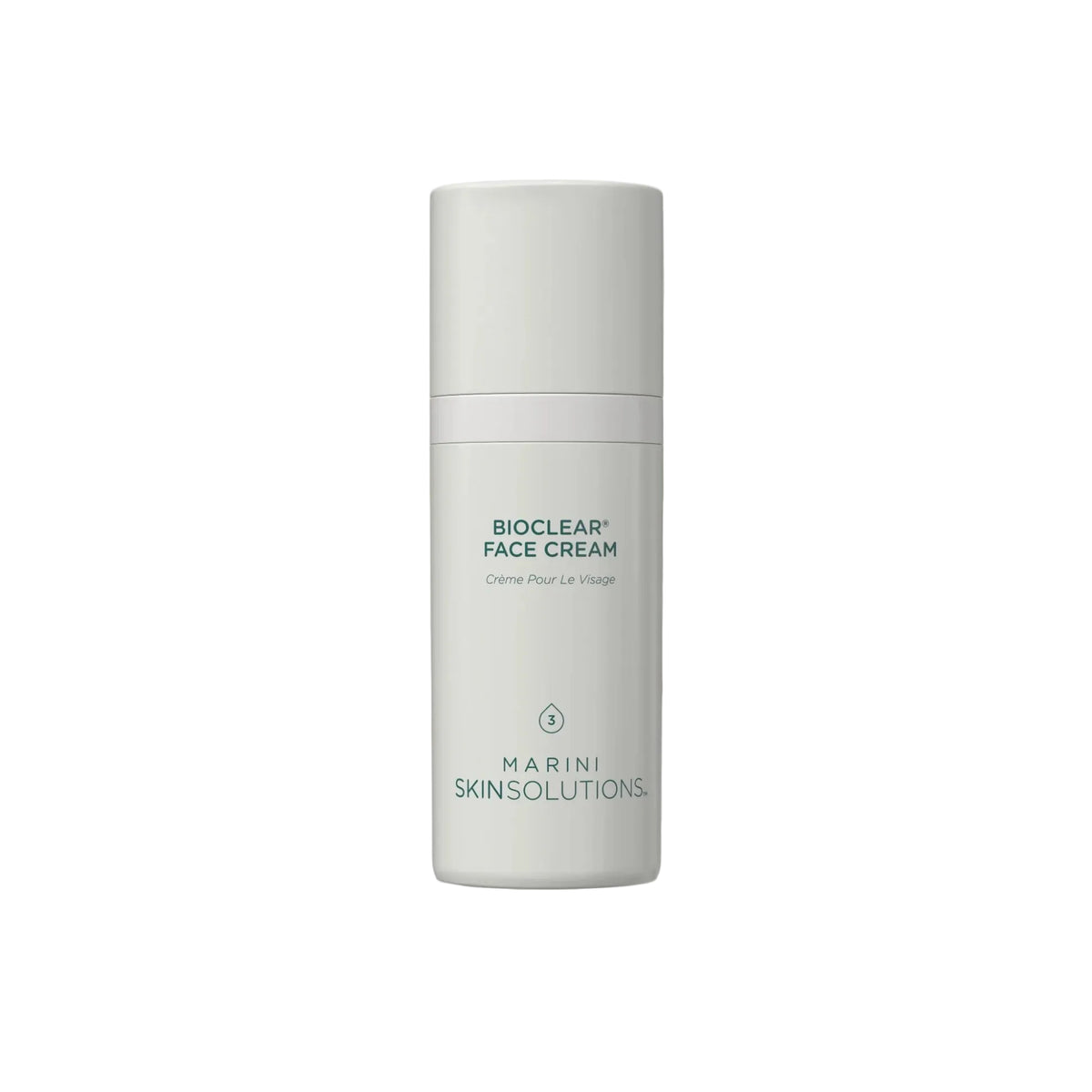 A white cylindrical bottle of Marini Skinsolutions BioClear Face Cream, centered against a clean white background with a soft, translucent cream smear behind it.