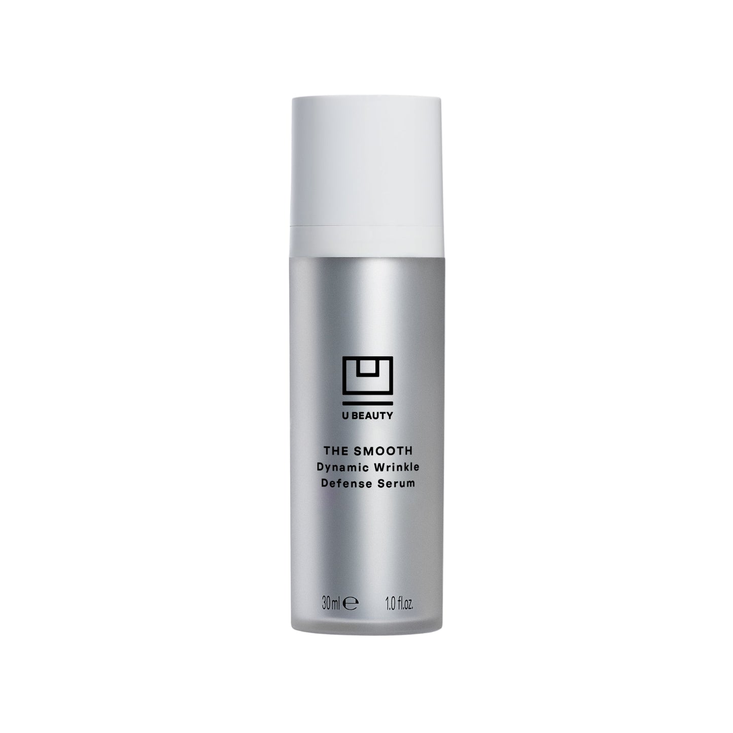 Silver serum bottle with white cap on a white background