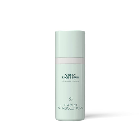 Light green face serum bottle with 'Marini Skinsolutions' branding on a white background