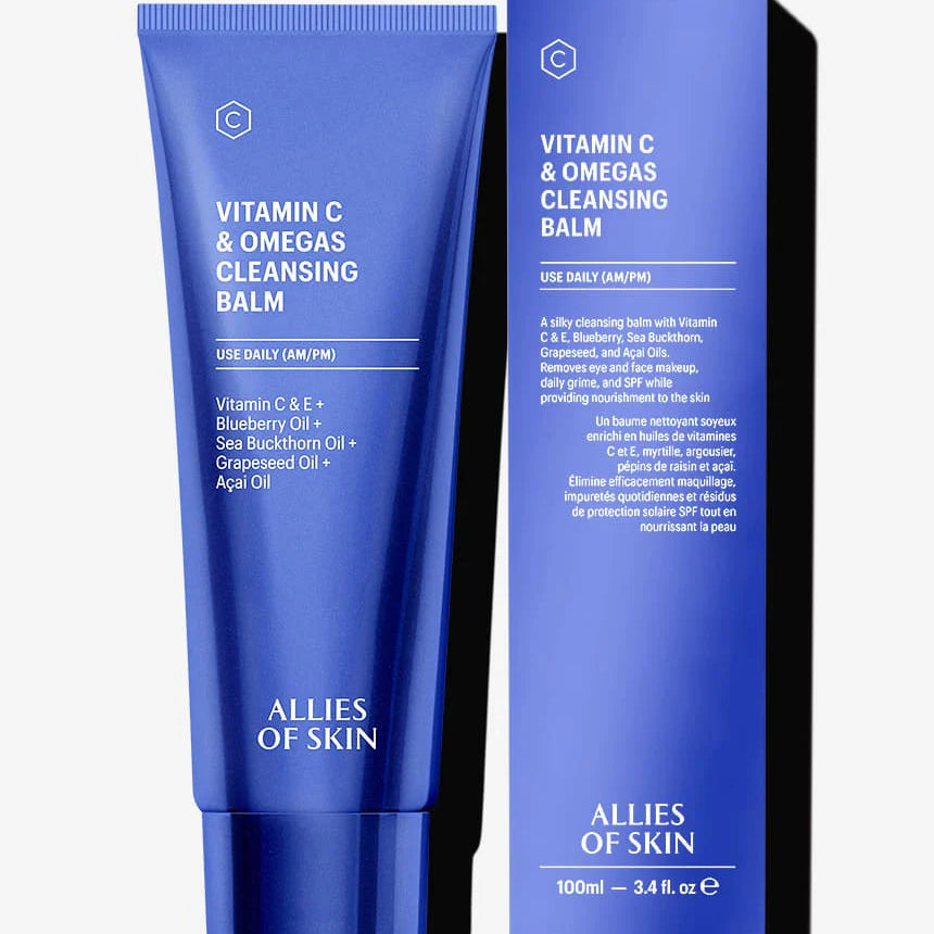 Blue cleansing balm tube and packaging with 'Allies of Skin' branding on a white background