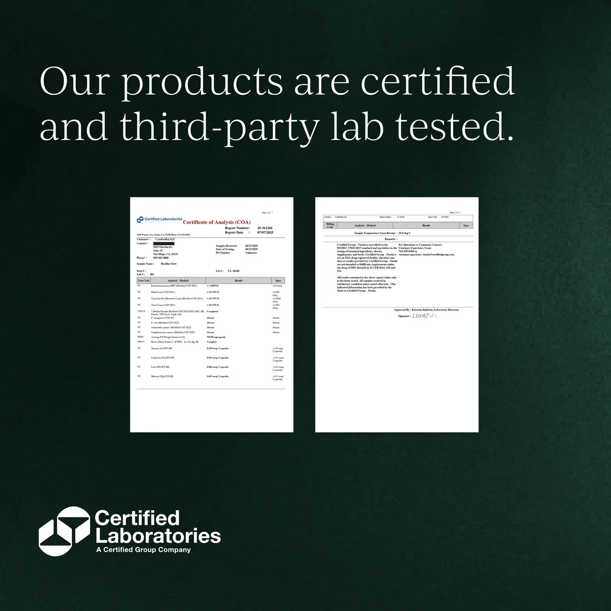 Two certification documents on a dark background with 'Certified Laboratories' branding.
