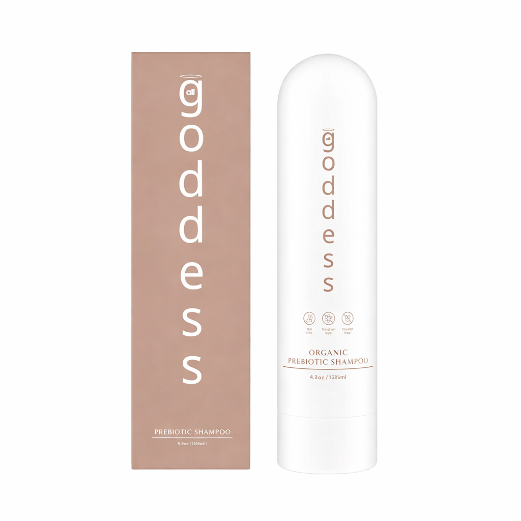 Goddess All organic prebiotic shampoo bottle and packaging on a white background