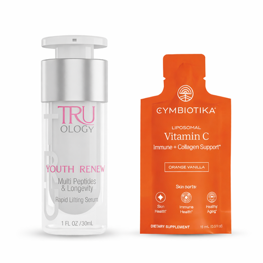 Younger Skin Duo: Truology serum bottle and Cymbiotika vitamin C supplement on a white background