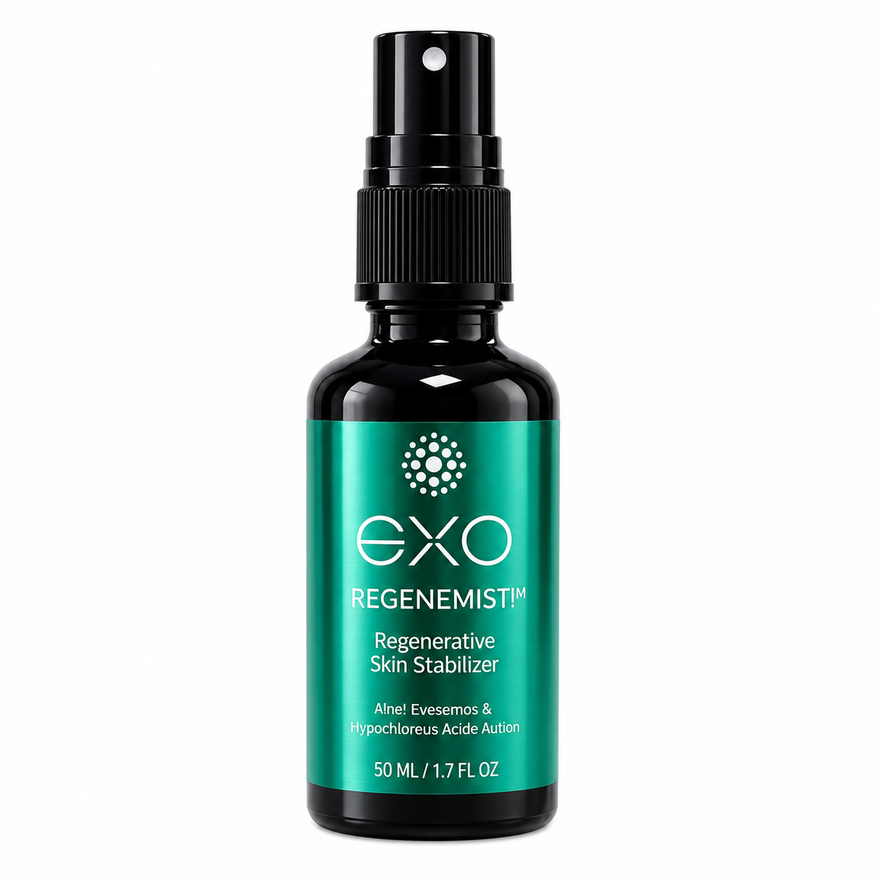 Exoceuticals EXO REGENEMIST™ Regenerative Skin Stabilizer on white background. Black bottle with green label and white writing