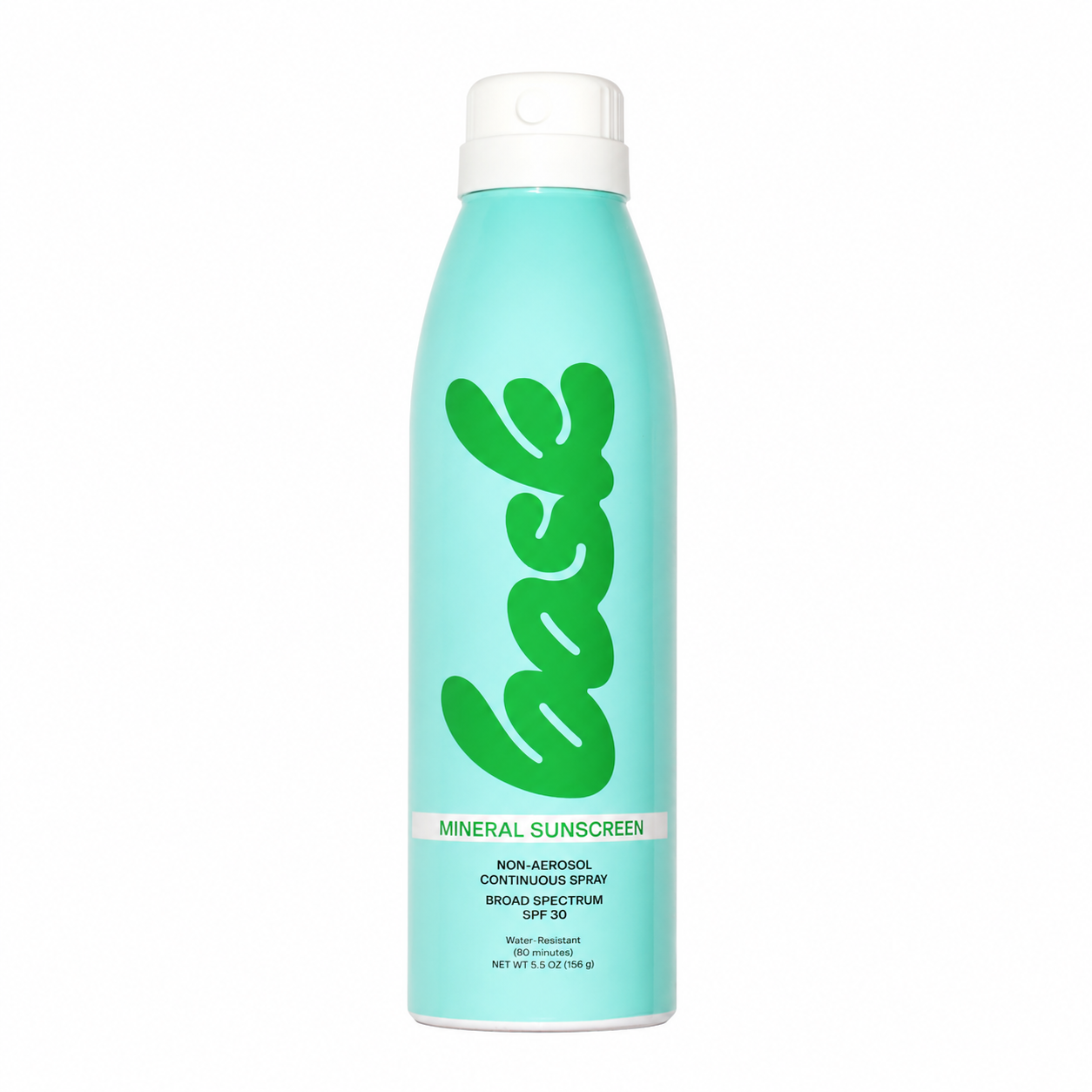 A mint green aerosol can of back by back Mineral Sunscreen with a white cap, shown on a plain white background. - Bask Mineral Fragrance-Free Non-Aerosol Spray - SPF 30