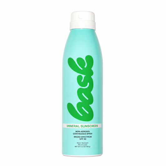 A mint green aerosol can of back by back Mineral Sunscreen with a white cap, shown on a plain white background. - Bask Mineral Fragrance-Free Non-Aerosol Spray - SPF 30