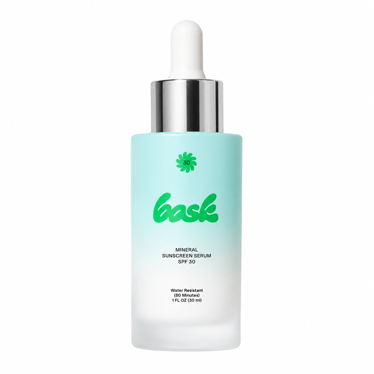 A frosted glass bottle of bask Mineral Sunscreen Serum SPF 30 with a light blue gradient body, green logo, and a white dropper cap on a white background. - Bask Mineral Sunscreen Serum - SPF 30